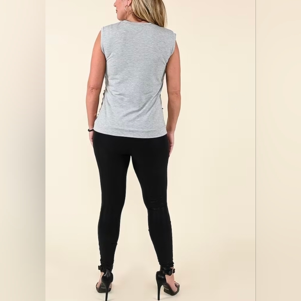 Tamsy White Lace Cardigan Gray Tank Top with Gold Sequins and Cut Out Jacket - Picture 6 of 6